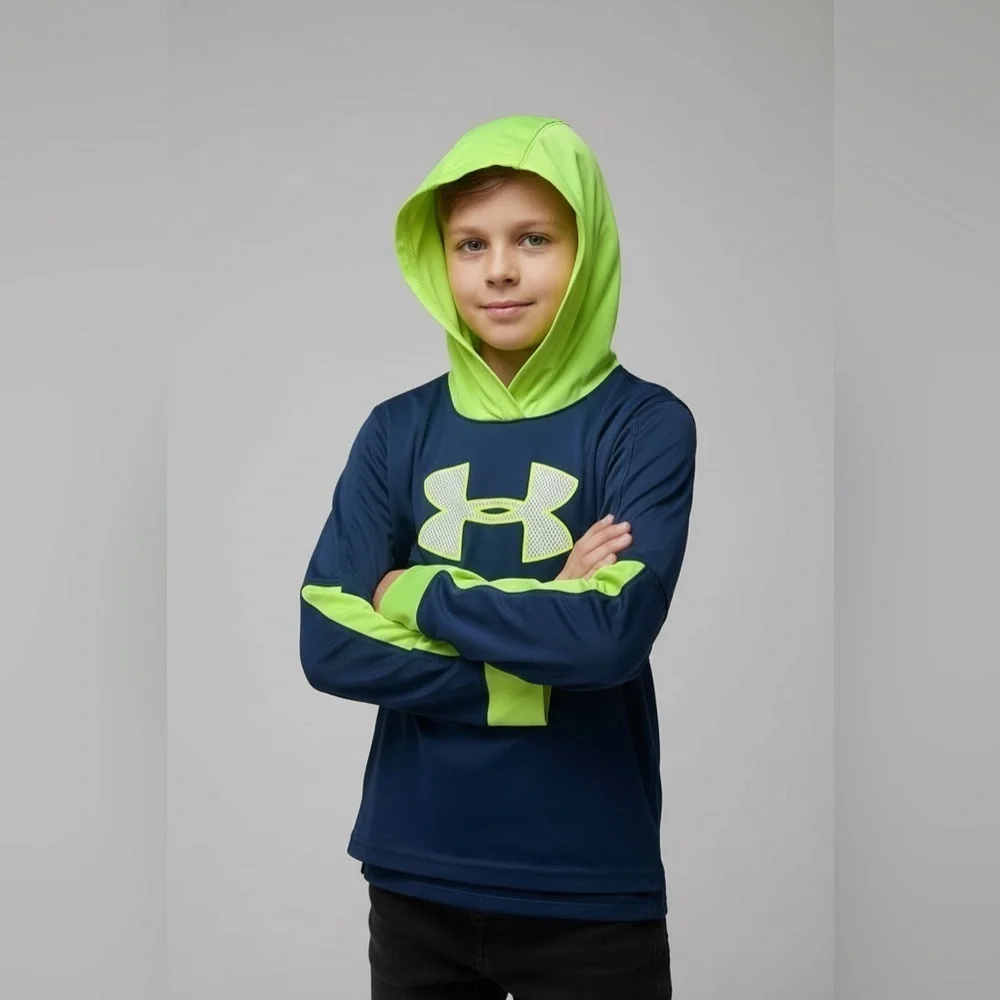 Under Armour play Dark Blue and Neon Yellow Green Hoodie Boys 6 long sleeve logo
